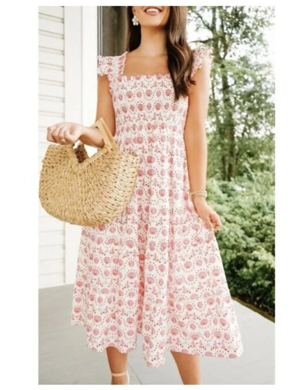 HILL HOUSE Home Ellie Nap Dress Smocked Pink Seashell Printed Sleeveless S NWT